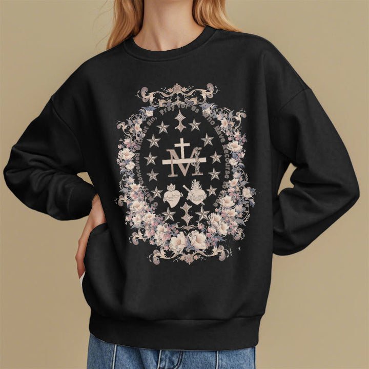 Modern Style Floral Cross Virgin Mary Fleece Lined Polyester Sweatshirt