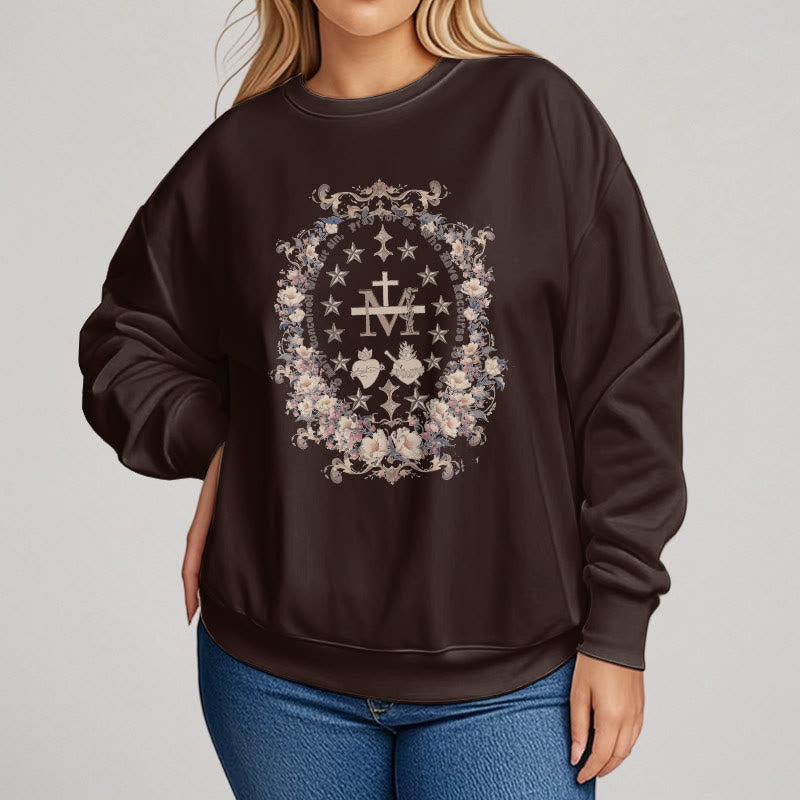 Modern Style Floral Cross Virgin Mary Fleece Lined Polyester Sweatshirt