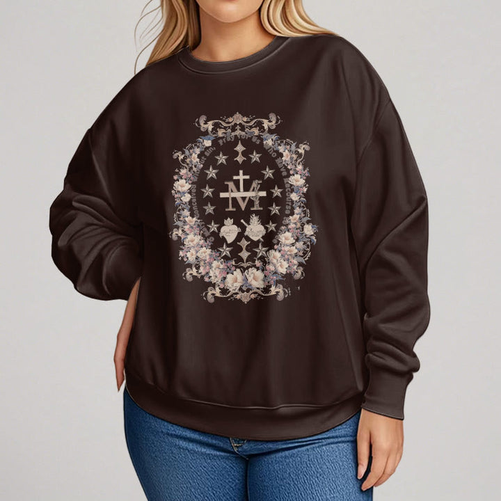 Modern Style Floral Cross Virgin Mary Fleece Lined Polyester Sweatshirt