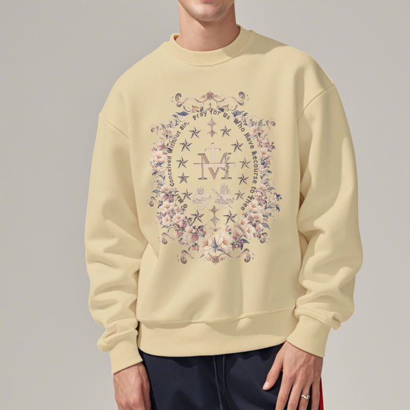 Modern Style Floral Cross Virgin Mary Fleece Lined Polyester Sweatshirt