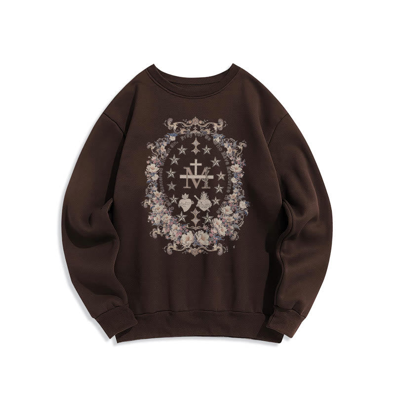 Modern Style Floral Cross Virgin Mary Fleece Lined Polyester Sweatshirt
