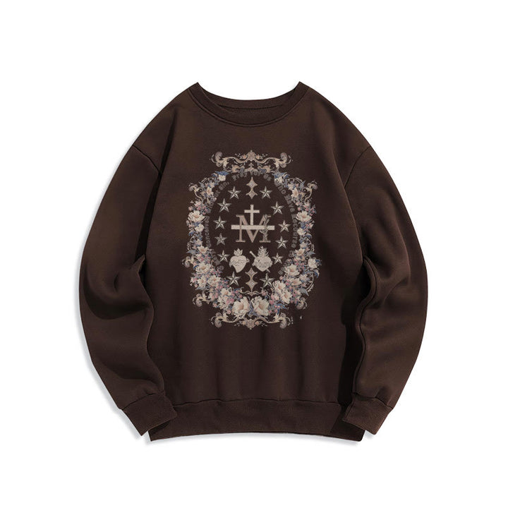 Modern Style Floral Cross Virgin Mary Fleece Lined Polyester Sweatshirt