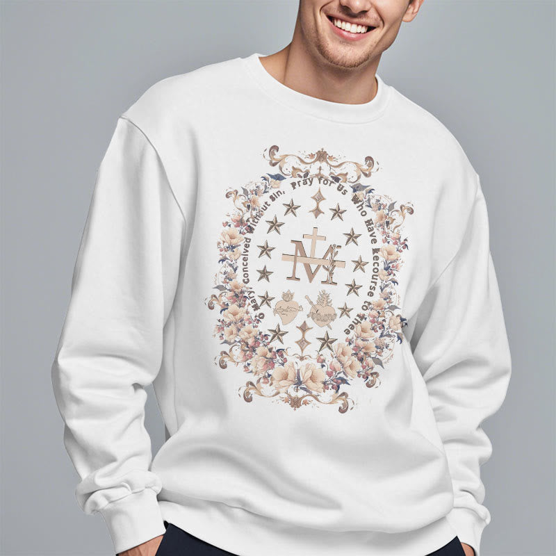 Modern Style Floral Cross Virgin Mary Fleece Lined Polyester Sweatshirt