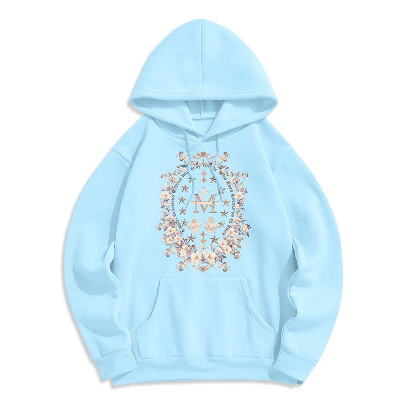 Modern Style Floral Cross Virgin Mary Fleece Lined Polyester Hoodie - Blue - 2XL - image 0