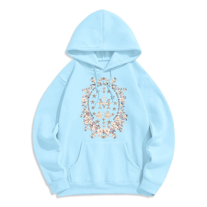 Modern Style Floral Cross Virgin Mary Fleece Lined Polyester Hoodie - Blue - 2XL - image 0