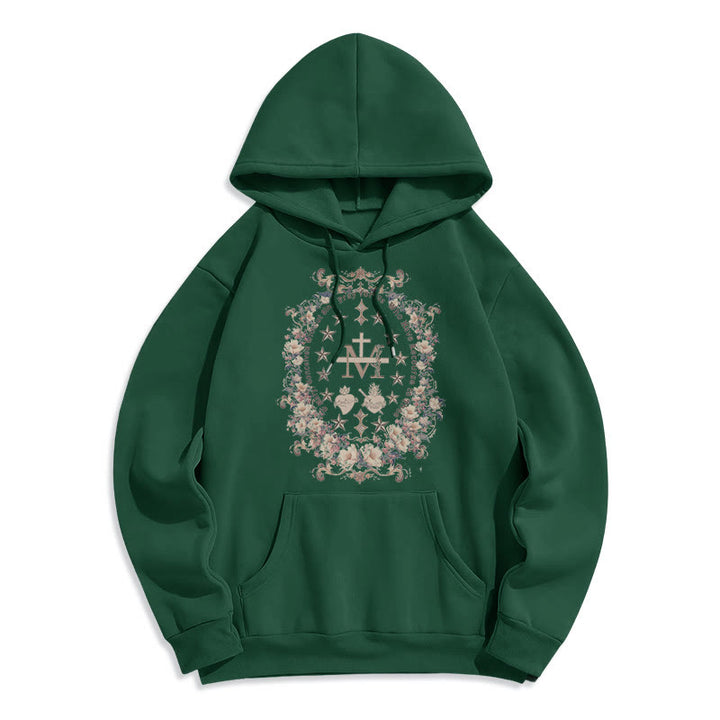Modern Style Floral Cross Virgin Mary Fleece Lined Polyester Hoodie - Green - 2XL - image 14