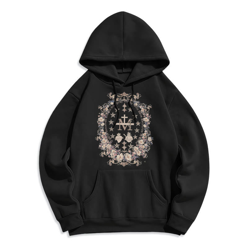 Modern Style Floral Cross Virgin Mary Fleece Lined Polyester Hoodie - Black - 2XL - image 6