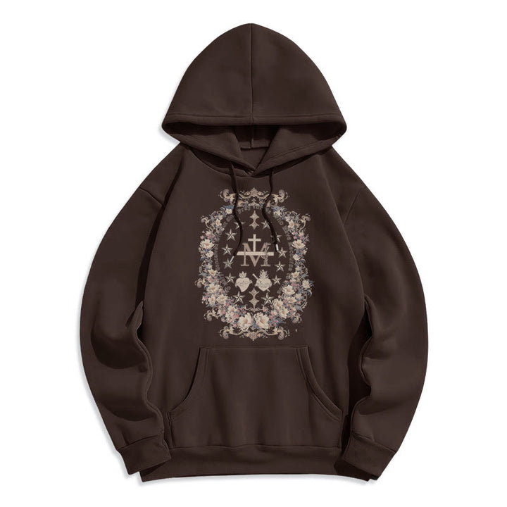 Modern Style Floral Cross Virgin Mary Fleece Lined Polyester Hoodie - Brown - 2XL - image 12