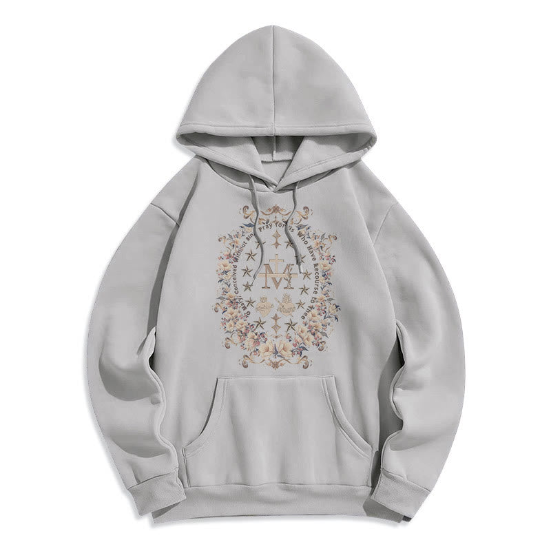 Modern Style Floral Cross Virgin Mary Fleece Lined Polyester Hoodie - Grey - 2XL - image 16