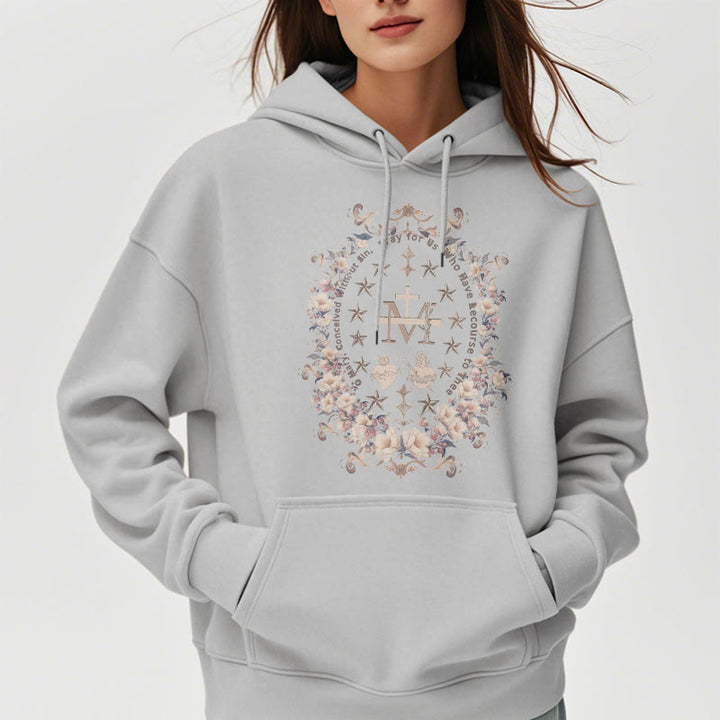 Christianartworkshop Modern Style Floral Cross Virgin Mary Fleece Lined Polyester Hoodie - image 16