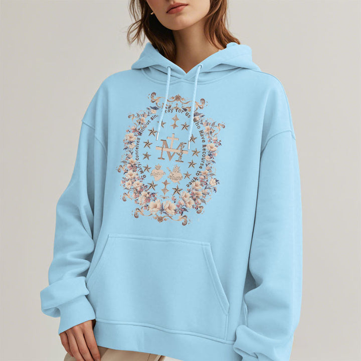 Christianartworkshop Modern Style Floral Cross Virgin Mary Fleece Lined Polyester Hoodie - image 4