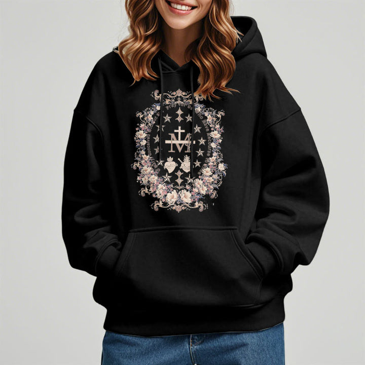 Modern Style Floral Cross Virgin Mary Fleece Lined Polyester Hoodie - image 7