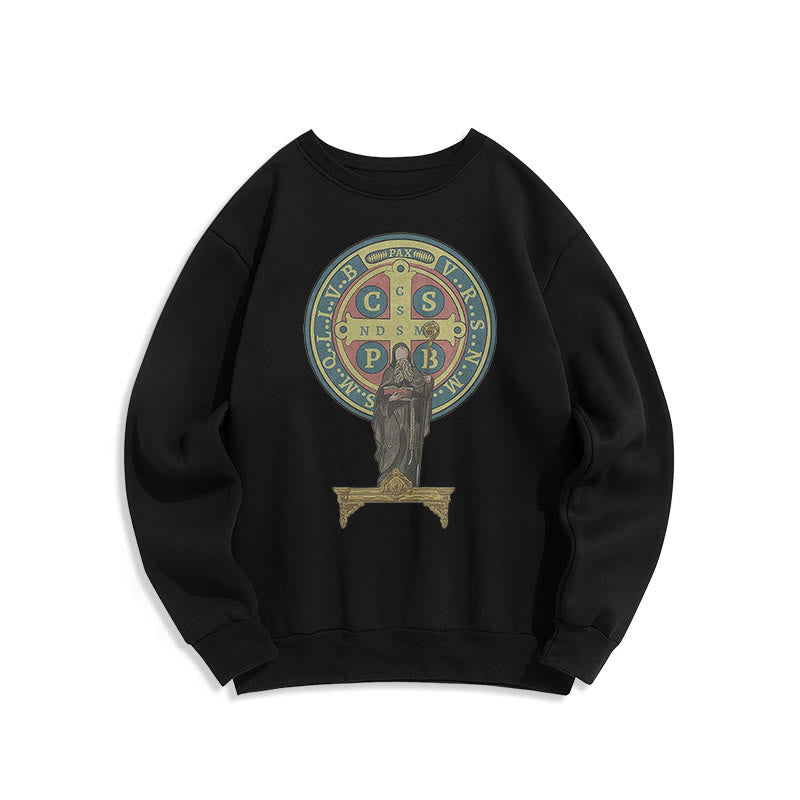 Christianartworkshop Classic Colored Style St. Benedict Medal Statue Fleece Lined Polyester Sweatshirt - Black - 2XL - image 0