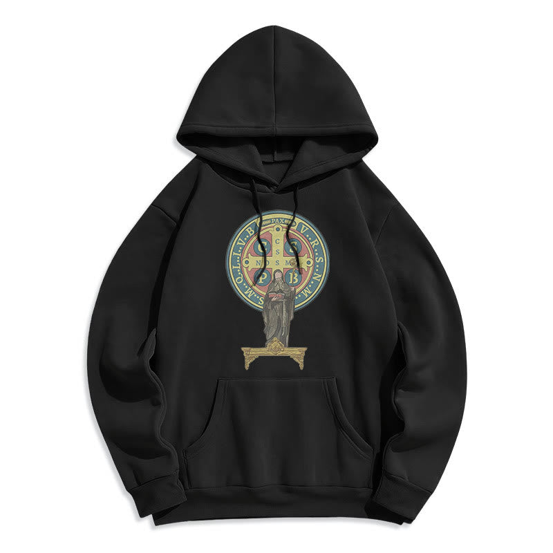 Classic Colored Style St. Benedict Medal Statue Fleece Lined Polyester Hoodie - Black - 2XL - image 0