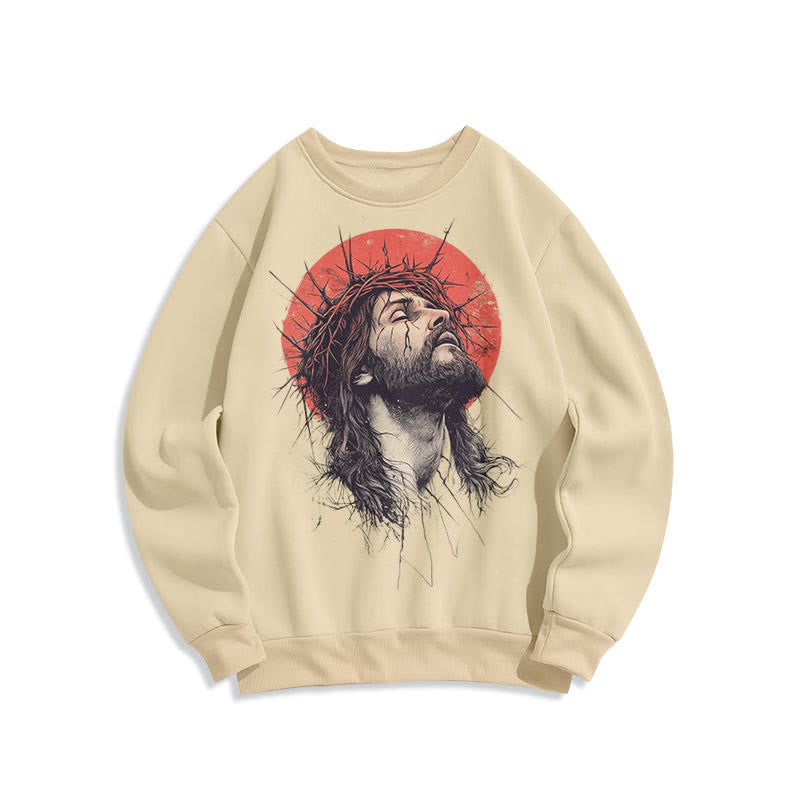 Classic Colored Style Jesus Crown of Thorns Fleece Lined Polyester Sweatshirt - Beige - 2XL - image 0