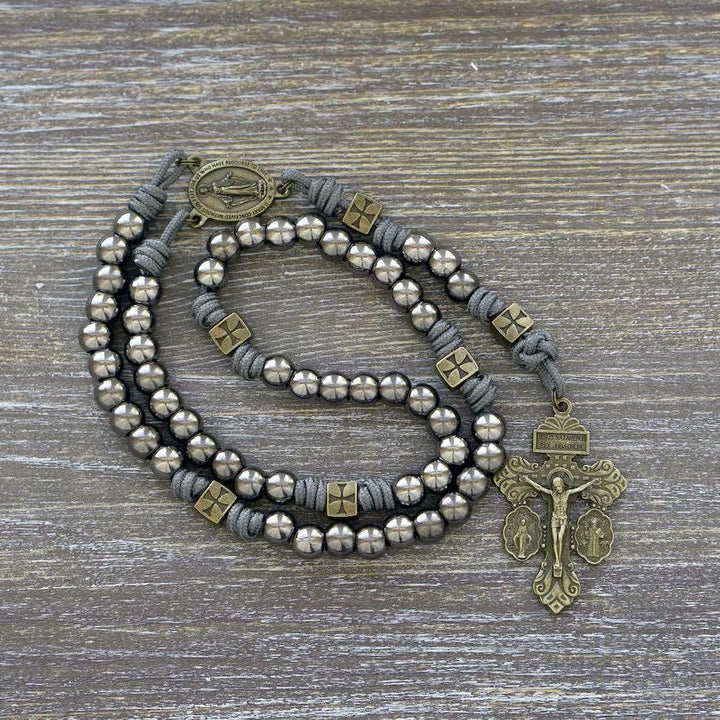 Miraculous Medal & Crucifix of 8 mm Round Silver Black Gallstone Nylon Cord Rosary - Miraculous Medal & Crucifix - image 1