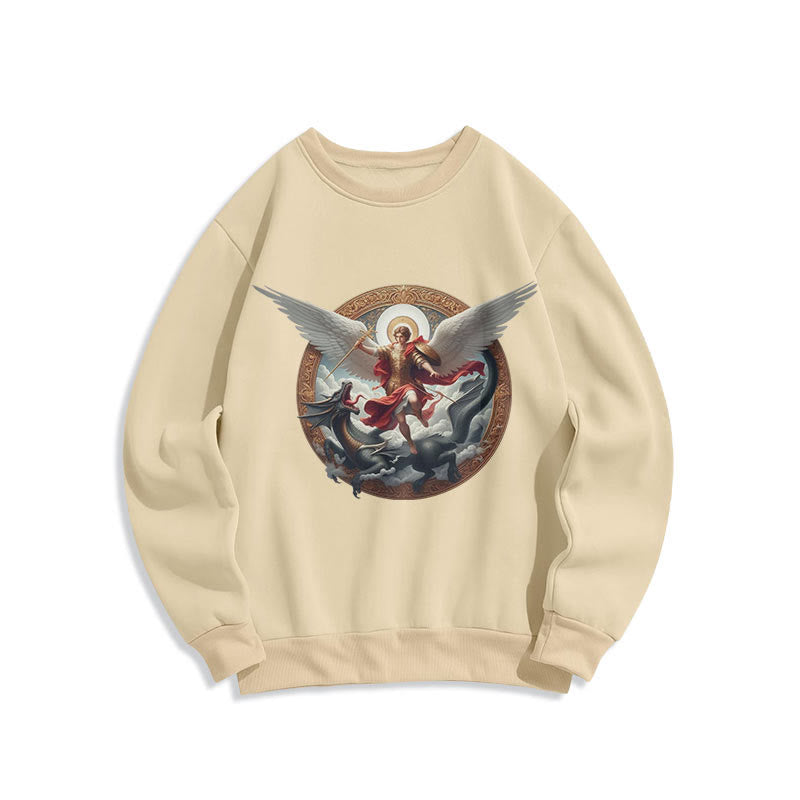 Classic Colored Style Triumph of Archangel Michael Fleece Lined Polyester Sweatshirt - Beige - 2XL - image 0