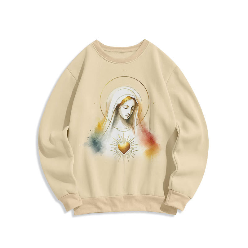 Modern Style Halo Sacred Heart Virgin Mary Fleece Lined Polyester Sweatshirt - Beige - 2XL - image 10