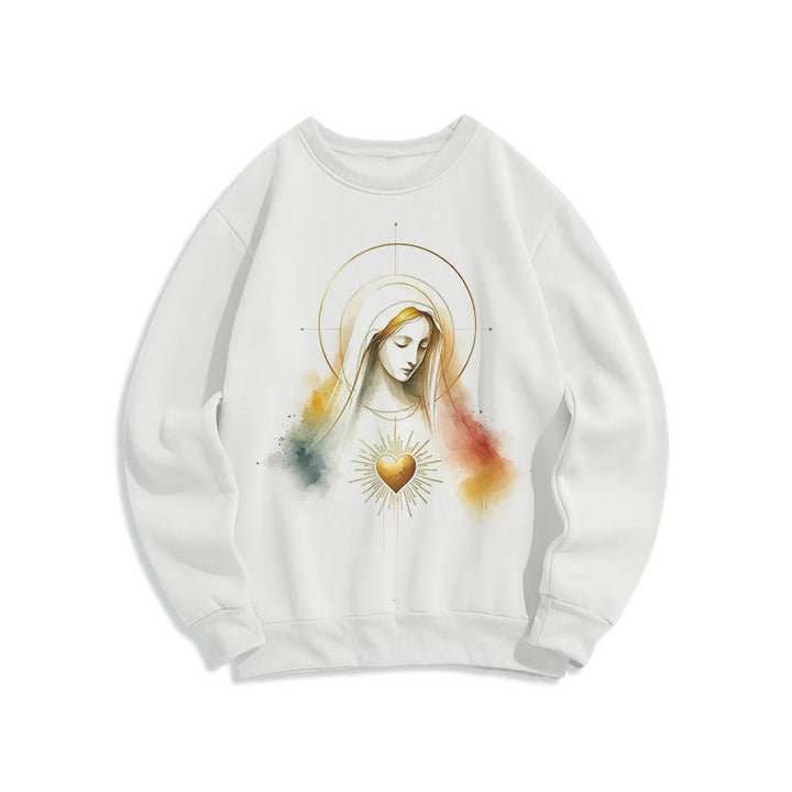 Modern Style Halo Sacred Heart Virgin Mary Fleece Lined Polyester Sweatshirt - White - 2XL - image 8