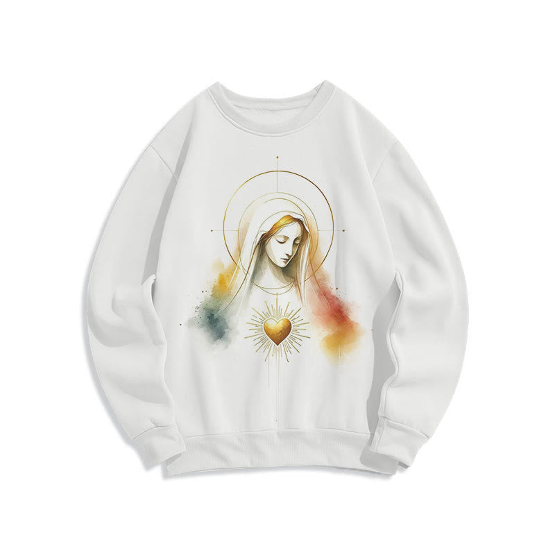 Modern Style Halo Sacred Heart Virgin Mary Fleece Lined Polyester Sweatshirt - White - 2XL - image 8