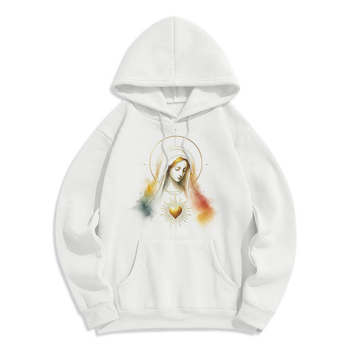 Modern Style Halo Sacred Heart Virgin Mary Fleece Lined Polyester Hoodie - White - 2XL - image 6