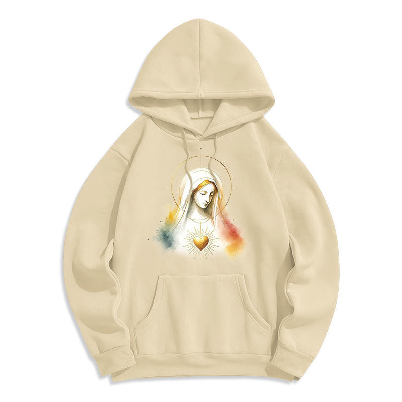 Modern Style Halo Sacred Heart Virgin Mary Fleece Lined Polyester Hoodie - Beige - 2XL - image 8