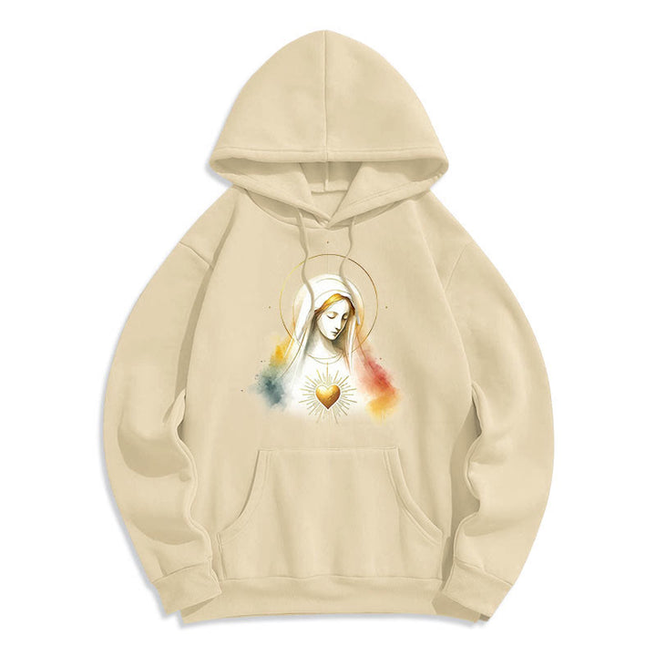 Modern Style Halo Sacred Heart Virgin Mary Fleece Lined Polyester Hoodie - Beige - 2XL - image 8
