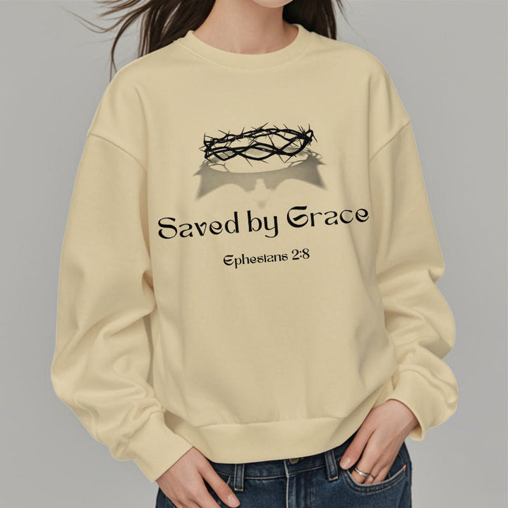 Christianartworkshop Quotation Style Saved By Grace Crown Fleece Lined Polyester Sweatshirt - image 4