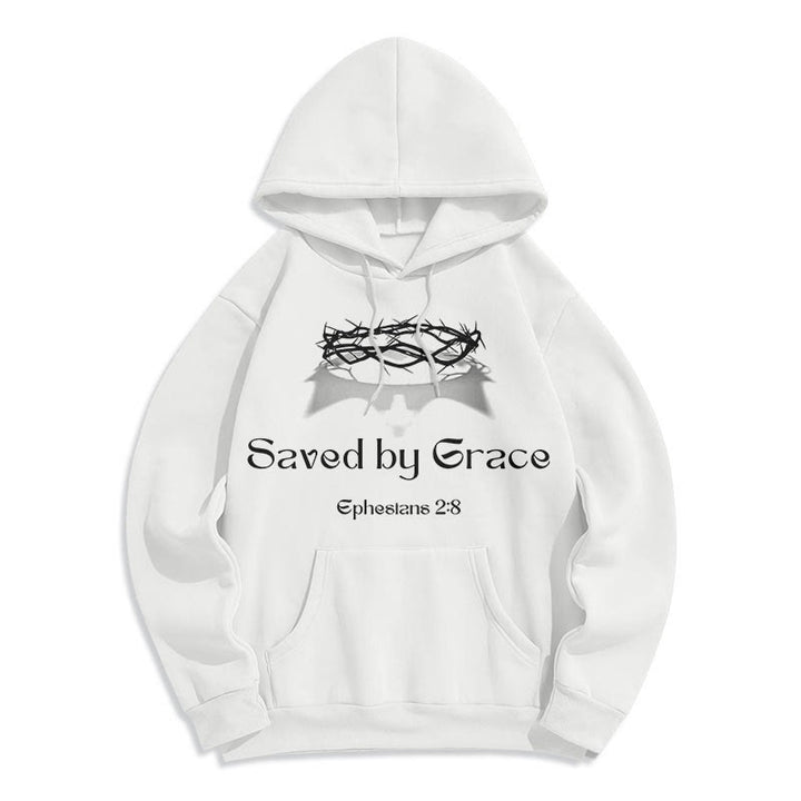 Christianartworkshop Quotation Style Saved By Grace Crown Fleece Lined Polyester Hoodie - image 7