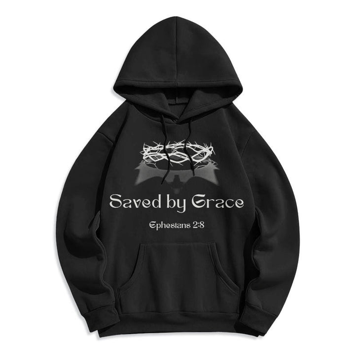 Christianartworkshop Quotation Style Saved By Grace Crown Fleece Lined Polyester Hoodie - Black - 2XL - image 6