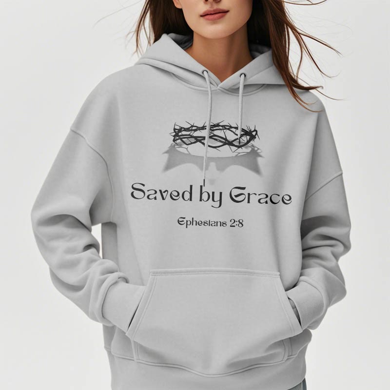 Christianartworkshop Quotation Style Saved By Grace Crown Fleece Lined Polyester Hoodie - image 17