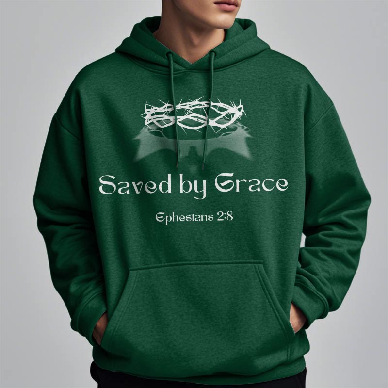 Christianartworkshop Quotation Style Saved By Grace Crown Fleece Lined Polyester Hoodie - image 5