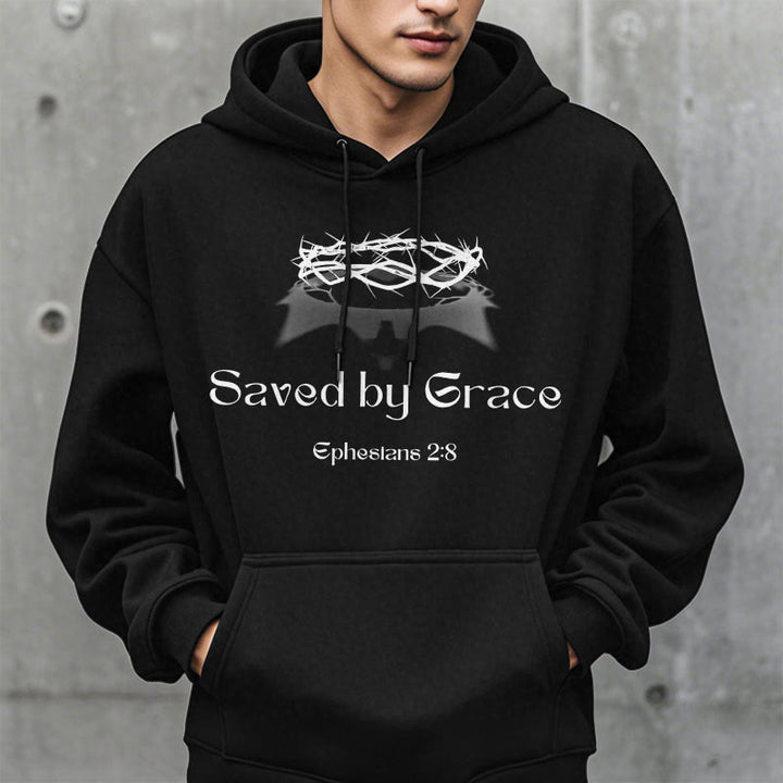 Christianartworkshop Quotation Style Saved By Grace Crown Fleece Lined Polyester Hoodie - image 7