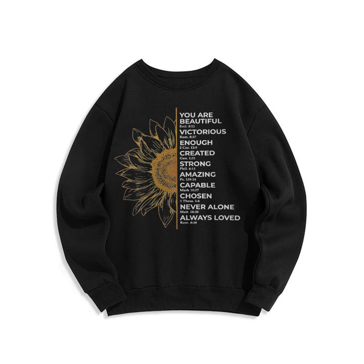 Christianartworkshop Quotation Style Sunflower Strength Positivity Fleece Lined Polyester Sweatshirt - image 5