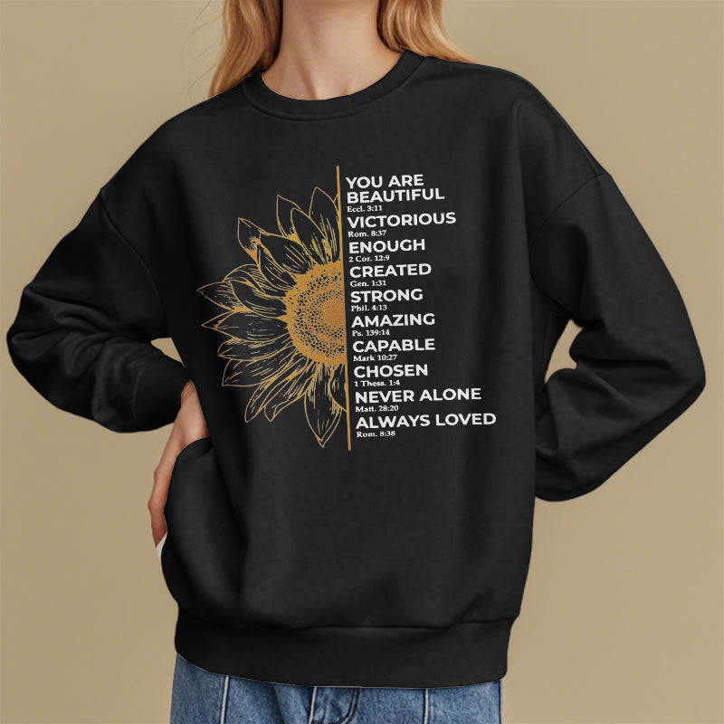 Christianartworkshop Quotation Style Sunflower Strength Positivity Fleece Lined Polyester Sweatshirt - image 6