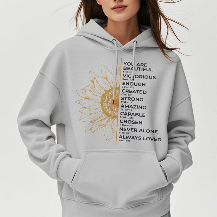 Christianartworkshop Quotation Style Sunflower Strength Positivity Fleece Lined Polyester Hoodie - image 17