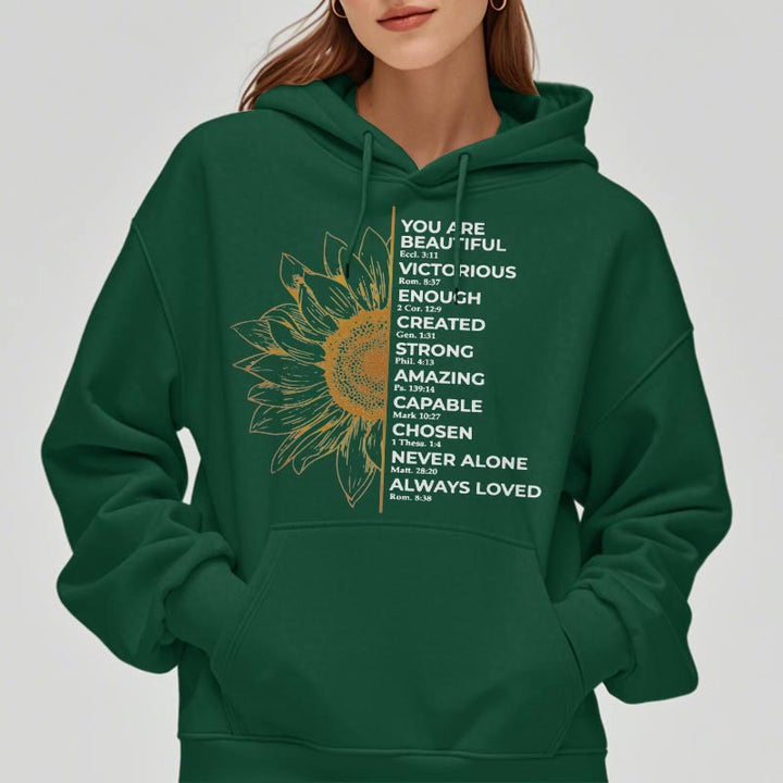 Christianartworkshop Quotation Style Sunflower Strength Positivity Fleece Lined Polyester Hoodie - image 13