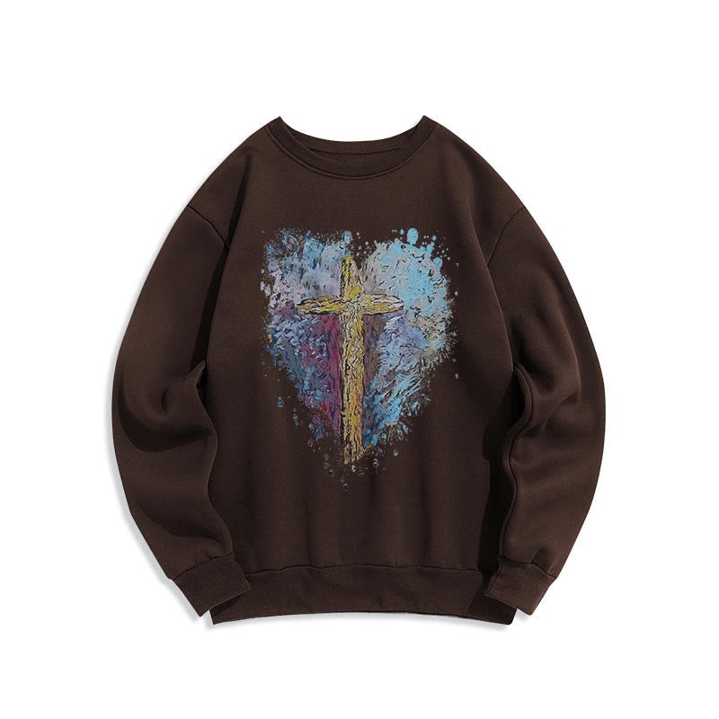 Colored Style Radiant Cross Of Hope Fleece Lined Polyester Sweatshirt - Brown - 2XL - image 0