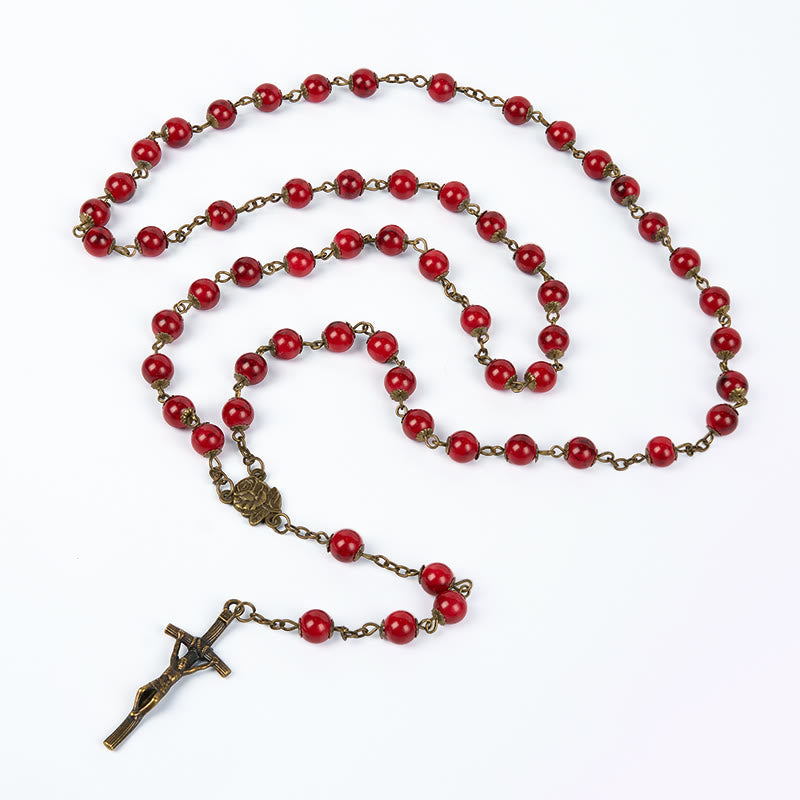 Christianartworkshop Rose & Crucifix of 8 mm Round Red Natural Stone Alloy Chain Rosary - image 4