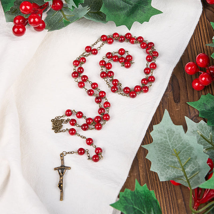 Christianartworkshop Rose & Crucifix of 8 mm Round Red Natural Stone Alloy Chain Rosary - image 1