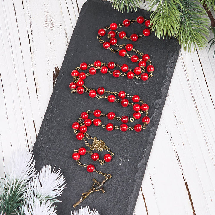 Christianartworkshop Rose & Crucifix of 8 mm Round Red Natural Stone Alloy Chain Rosary - Red - image 0