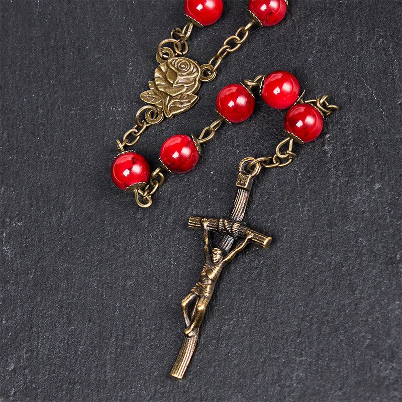 Christianartworkshop Rose & Crucifix of 8 mm Round Red Natural Stone Alloy Chain Rosary - image 6