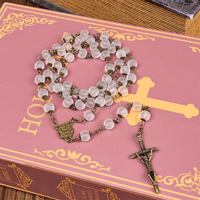Christianartworkshop Rose & Crucifix of 8 mm Round Clear Glass Alloy Chain Rosary - image 3