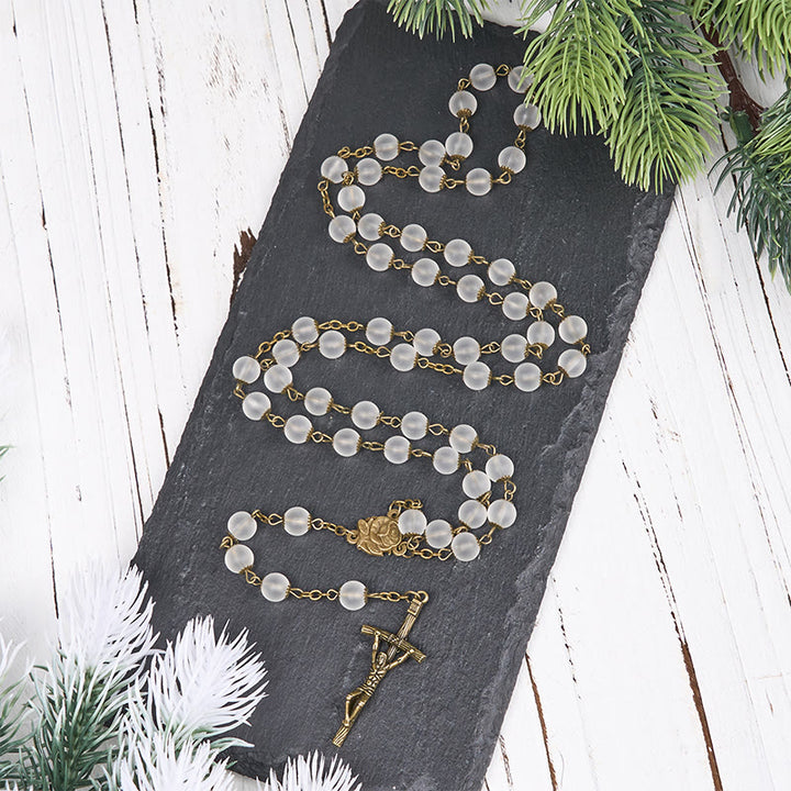 Christianartworkshop Rose & Crucifix of 8 mm Round Clear Glass Alloy Chain Rosary - image 1