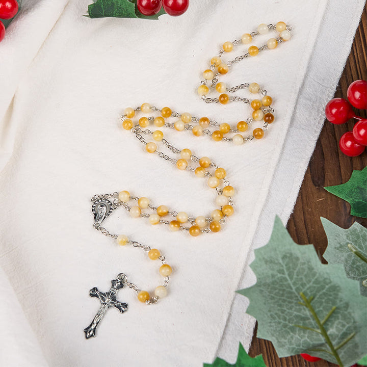 Christianartworkshop Virgin Mary & Crucifix of 8 mm Round Yellow Agate Alloy Chain Rosary - image 1