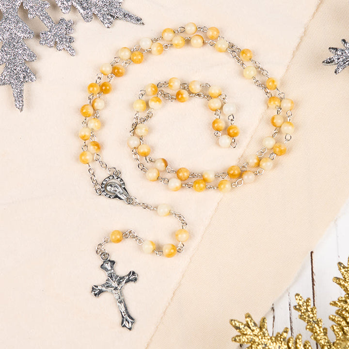 Christianartworkshop Virgin Mary & Crucifix of 8 mm Round Yellow Agate Alloy Chain Rosary - image 2