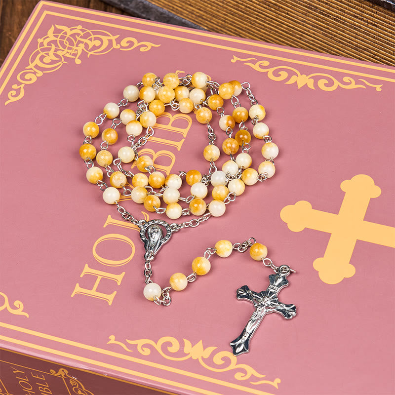 Christianartworkshop Virgin Mary & Crucifix of 8 mm Round Yellow Agate Alloy Chain Rosary - image 3
