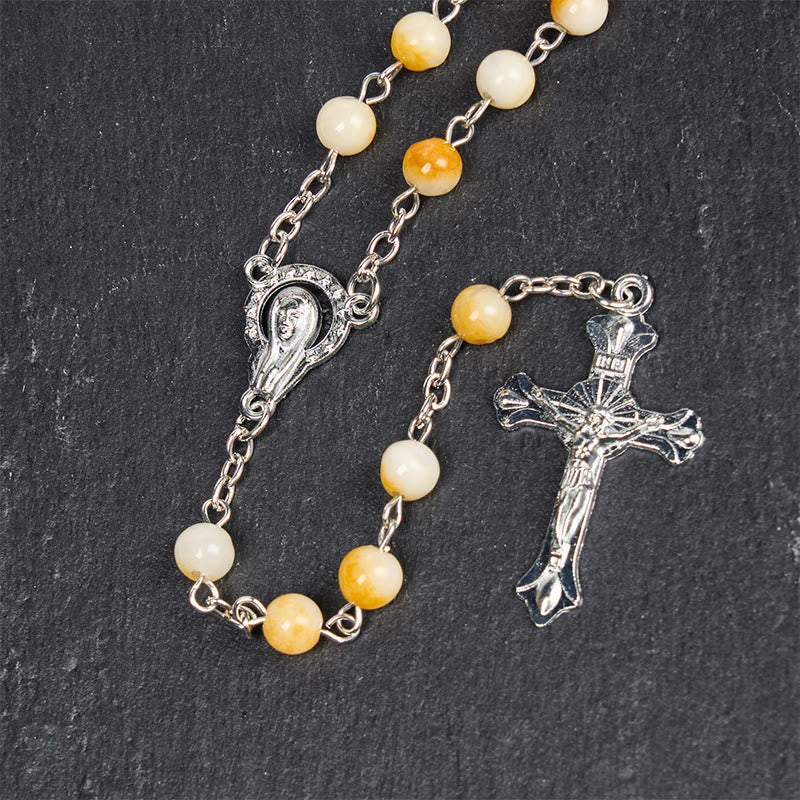 Christianartworkshop Virgin Mary & Crucifix of 8 mm Round Yellow Agate Alloy Chain Rosary - image 5