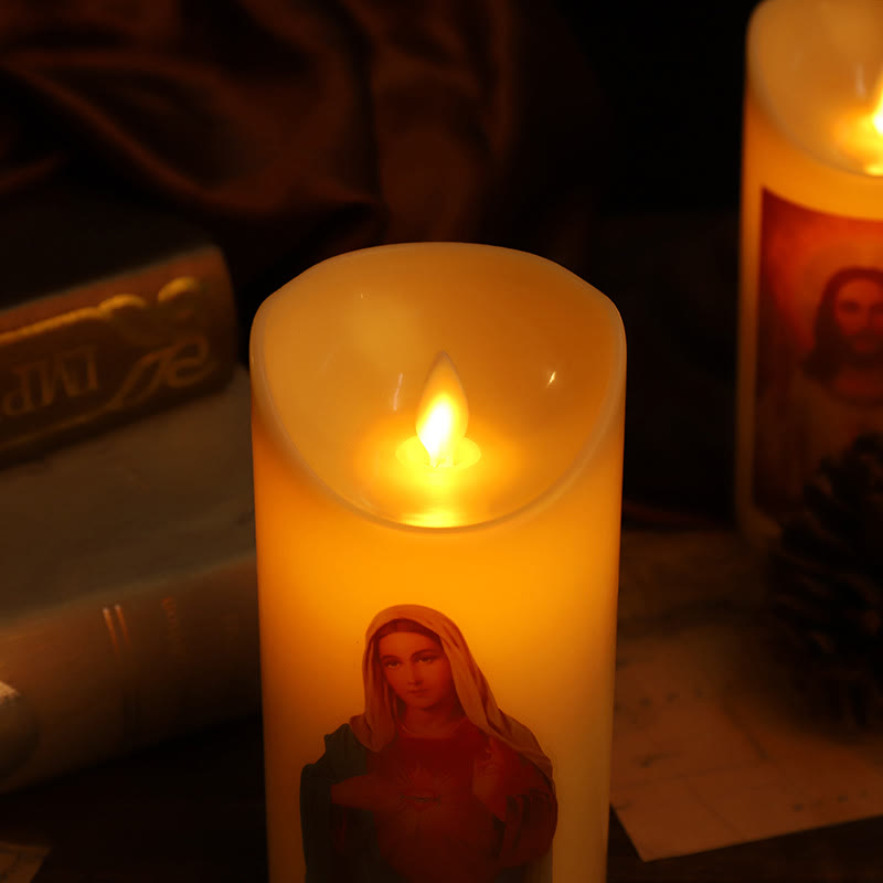 Christianartworkshop Classic Style Jesus & Mary Sacred Heart LED Electronic Candle Set Desktop Decorations Ornament