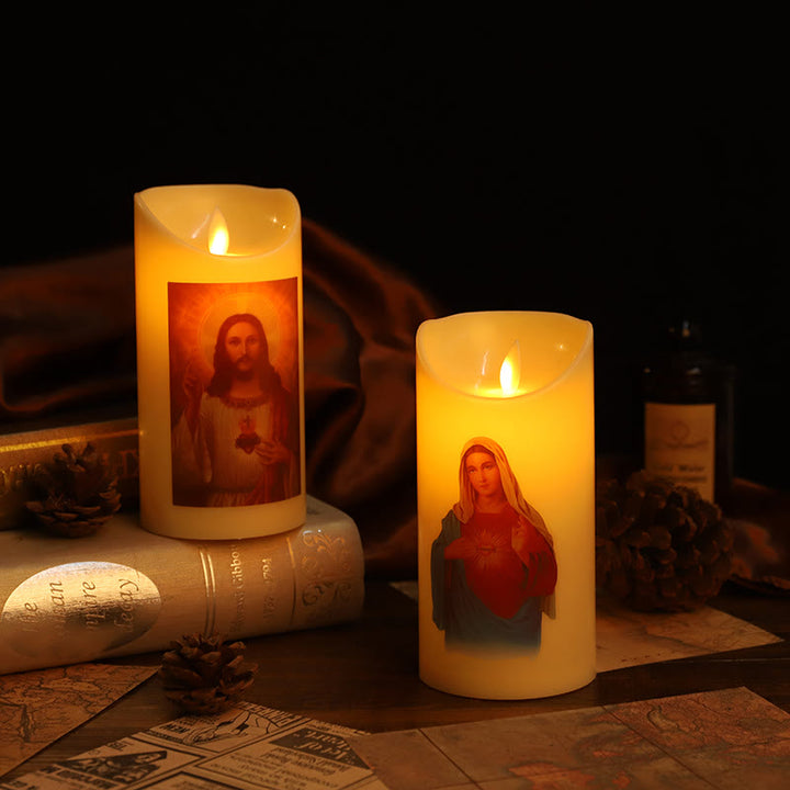 Christianartworkshop Classic Style Jesus & Mary Sacred Heart LED Electronic Candle Set Desktop Decorations Ornament